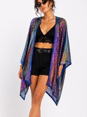 Lumi Shop Sequin Kimono Duster Blue Holographic Festival Cover Up